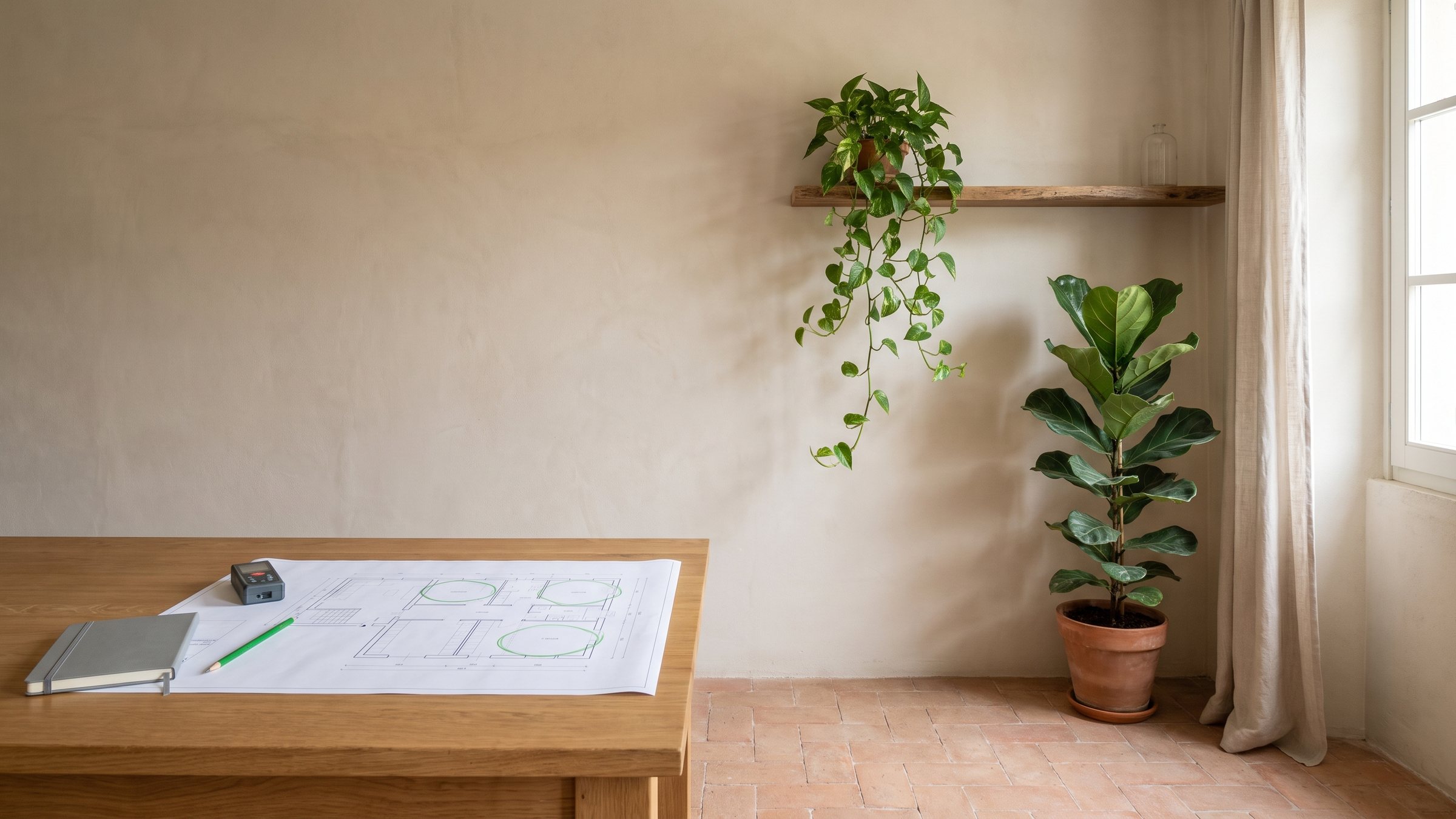 Planimetria e strumenti su un tavolo, con piante e luce naturale dalla finestra