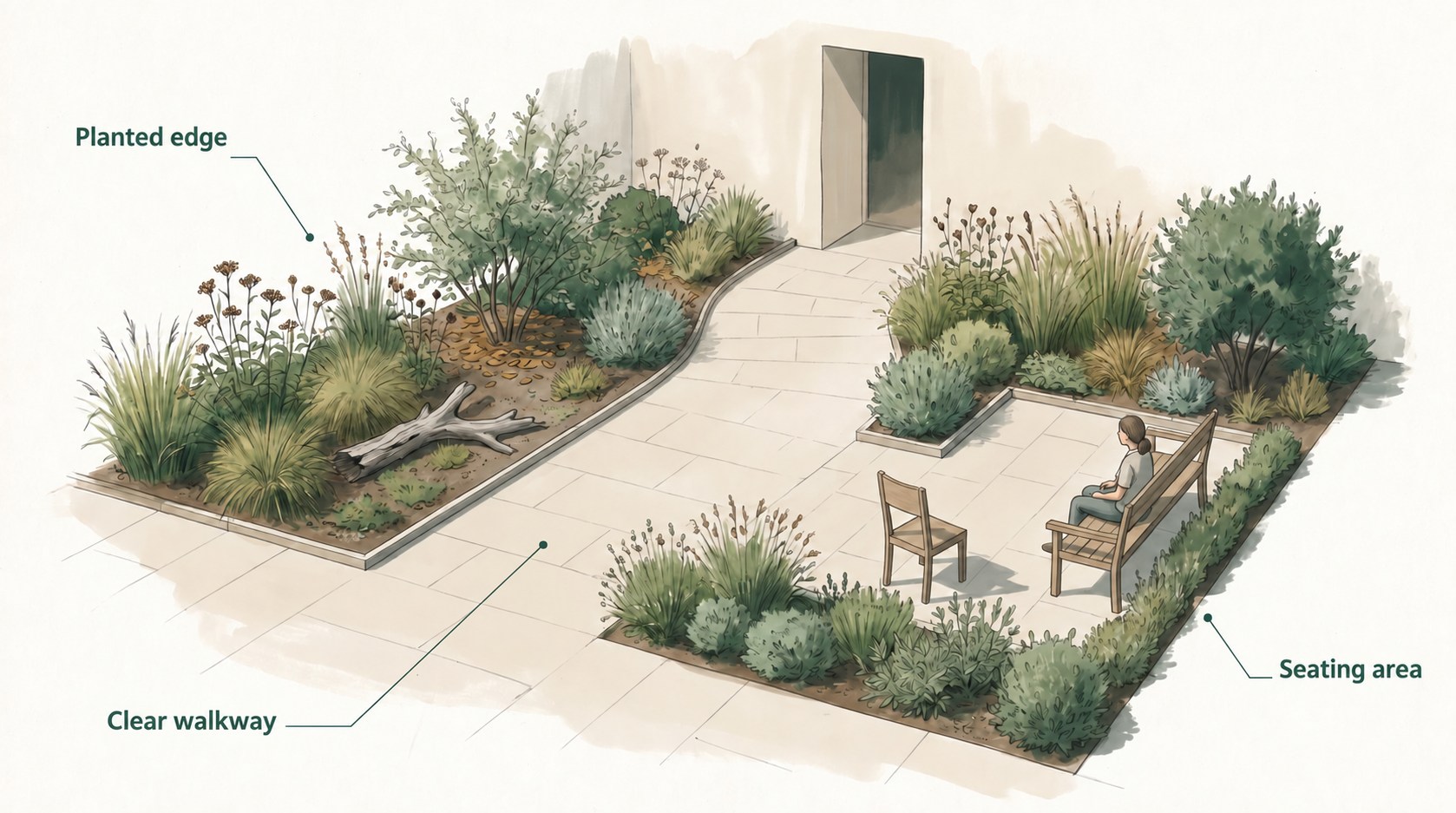 Illustrated courtyard labelled Clear walkway, Seating area and Planted edge, with shrubs, dry stems and a log in the planting.